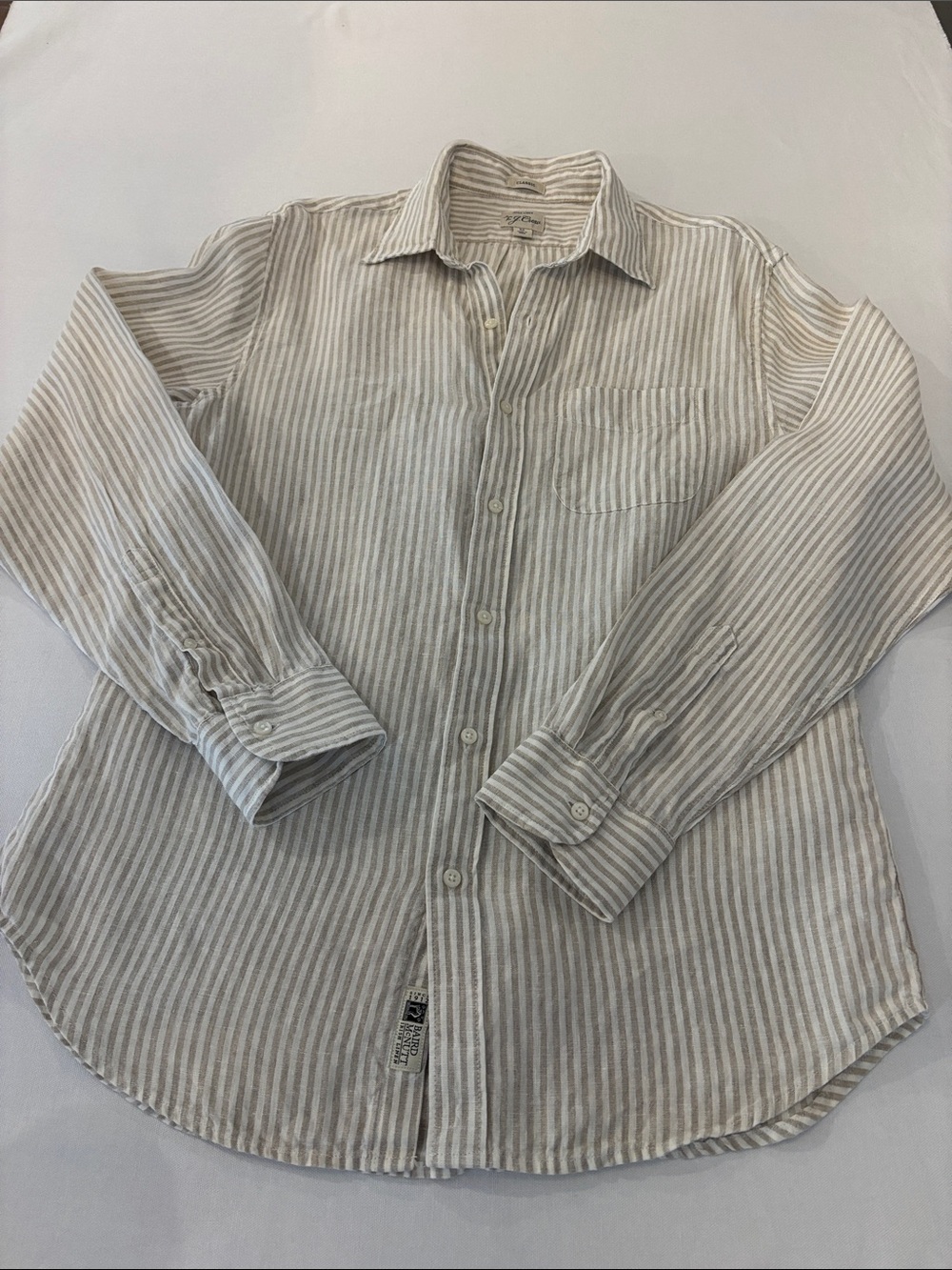 JCrew Men's Classic Fit Linen Beige Tan Striped Button-Down Long Sleeve Shirt. M